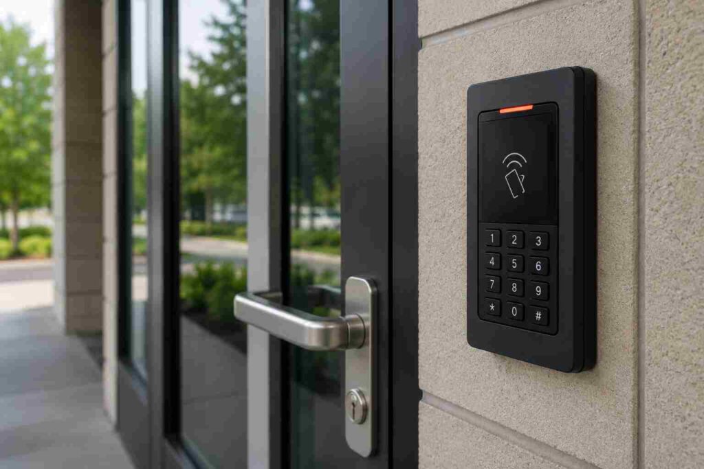 Modern keypad door entry system installed by access control locksmith service in Urbana IL commercial building exterior