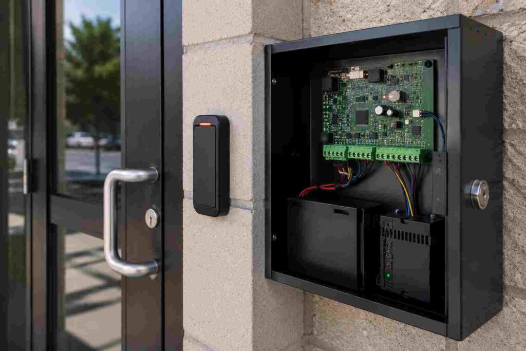 Advanced door access panel and electronic entry system installed by access control locksmith service in Urbana IL facility entrance
