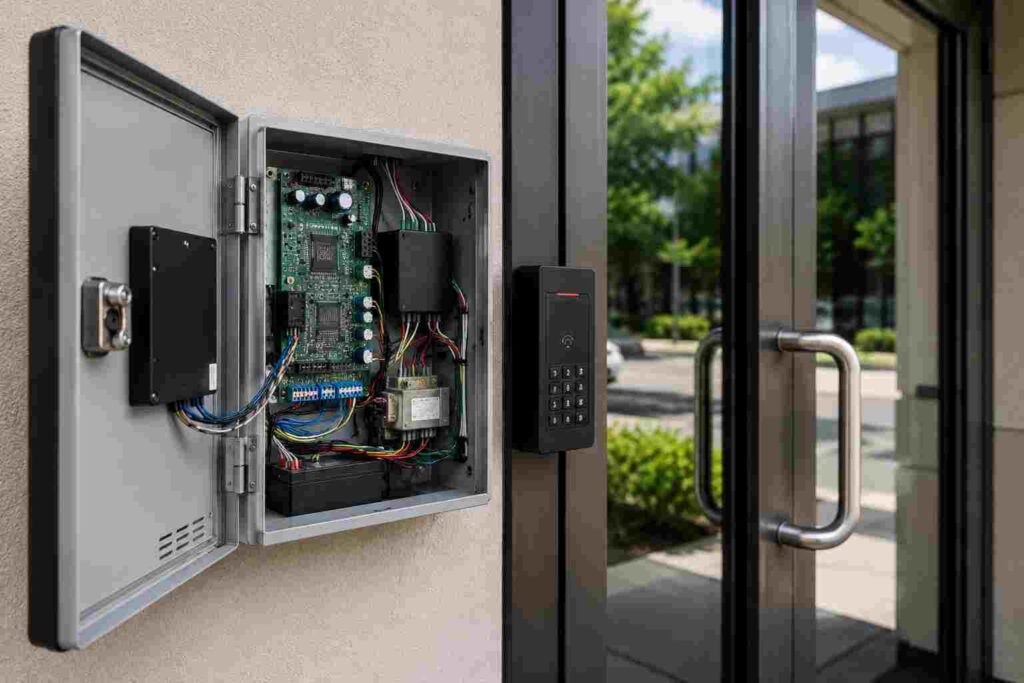 Open access control panel and keypad entry system repaired by access control locksmith service in Urbana IL commercial property