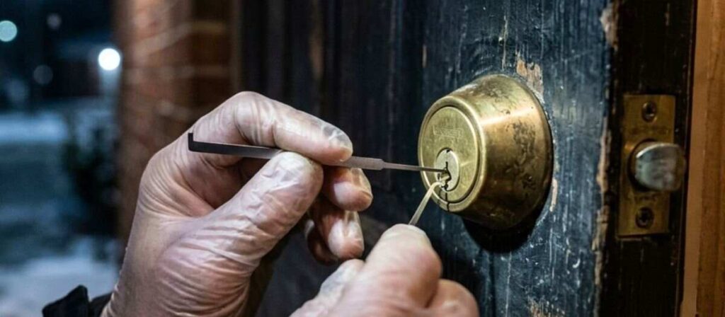 Licensed locksmith performing non-destructive entry on a residential deadbolt lock in Urbana, IL, offering 24/7 After Hours Locksmith Service.