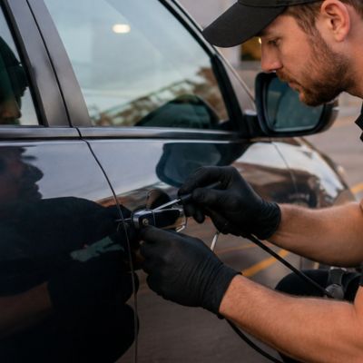 Automotive locksmith service technician opening car door at UIUC parking structure Urbana IL