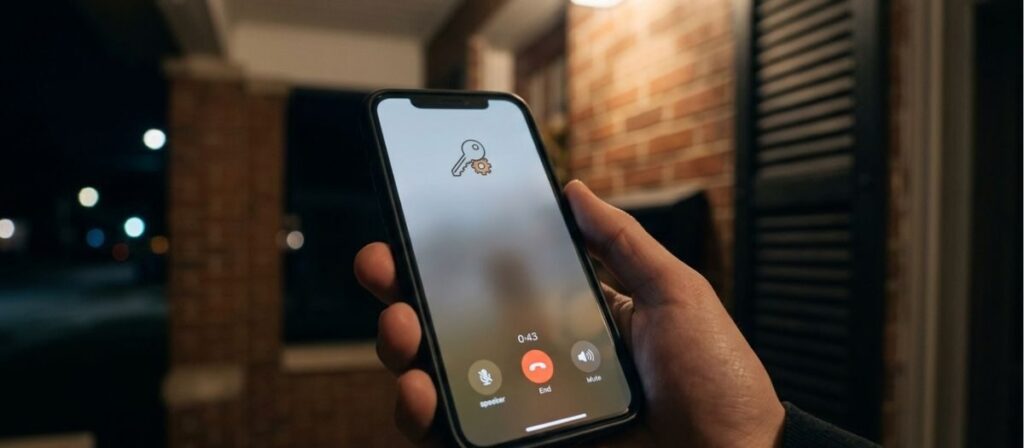 A close-up, night-time shot focusing on a phone screen in hand, showing an active call in progress, illustrating the action of calling a licensed locksmith when you are locked out of your house at night in Urbana IL.