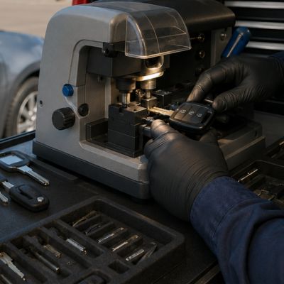 Auto key specialist performing VIN-based key cutting near Champaign County Fairgrounds Urbana IL