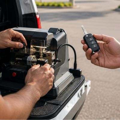 Car key locksmith Urbana IL. Cutting duplicate key for customer near Lincoln Center Plaza Urbana IL