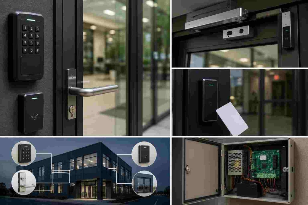 Electronic keypad and card reader systems installed by locksmith for commercial doors and access control services in Urbana IL office building