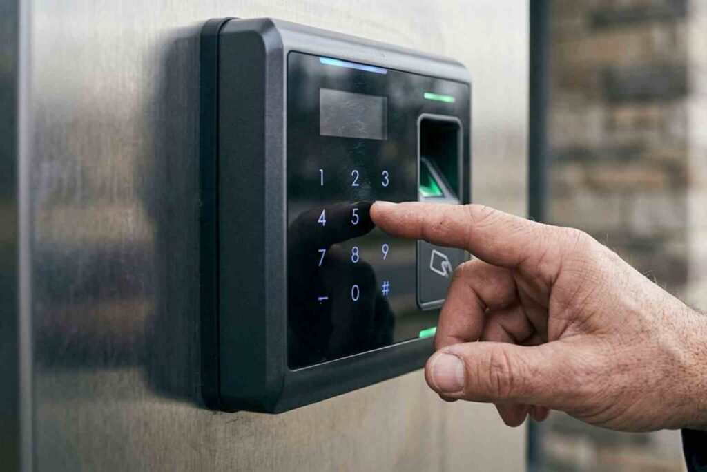A close-up of a commercial access control installation by a locksmith in Mahomet, Illinois, featuring a hand pressing a code into an outdoor digital keypad entry system.