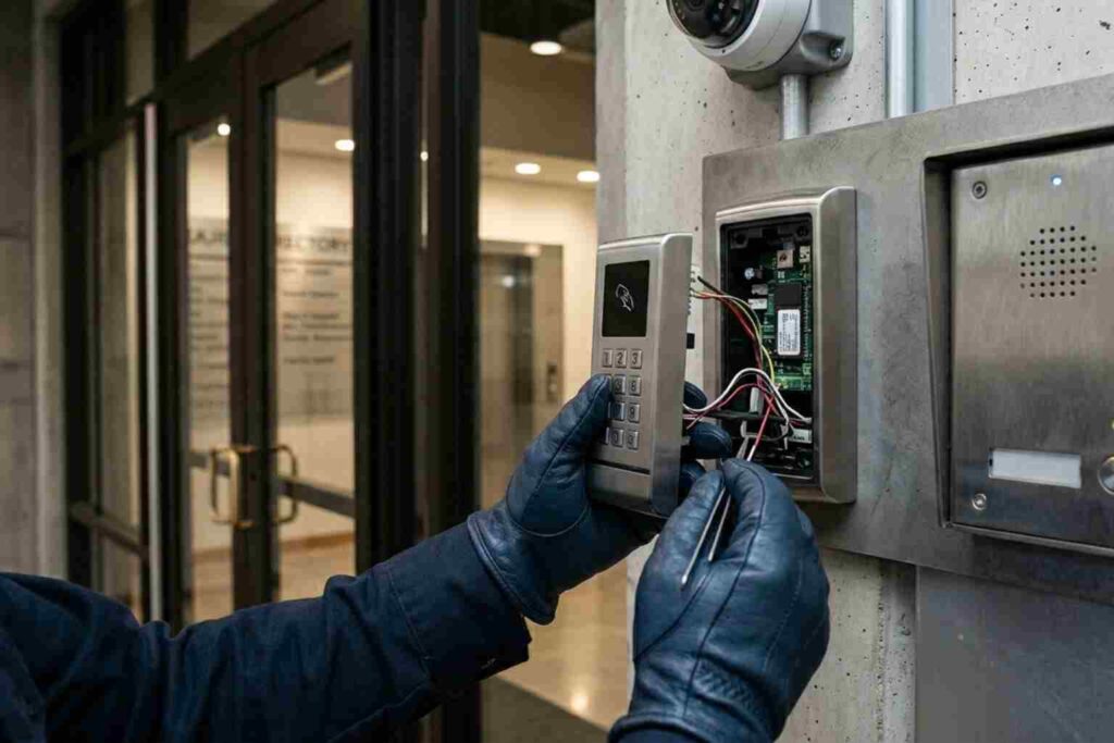 A close-up view of a professional technician installing a commercial access control system for a business facility, featuring an electronic keypad and intercom unit handled with precision, representing the services of locksmiths in Rantoul, IL.