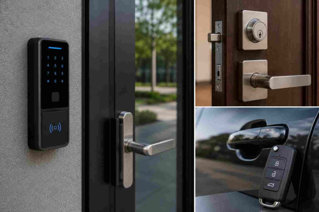 Commercial glass door with modern deadbolt and keypad entry installed by access control locksmith service in Urbana IL