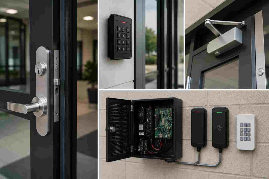 Modern commercial door security hardware and keyless entry system installed by locksmith for commercial doors service in Urbana IL