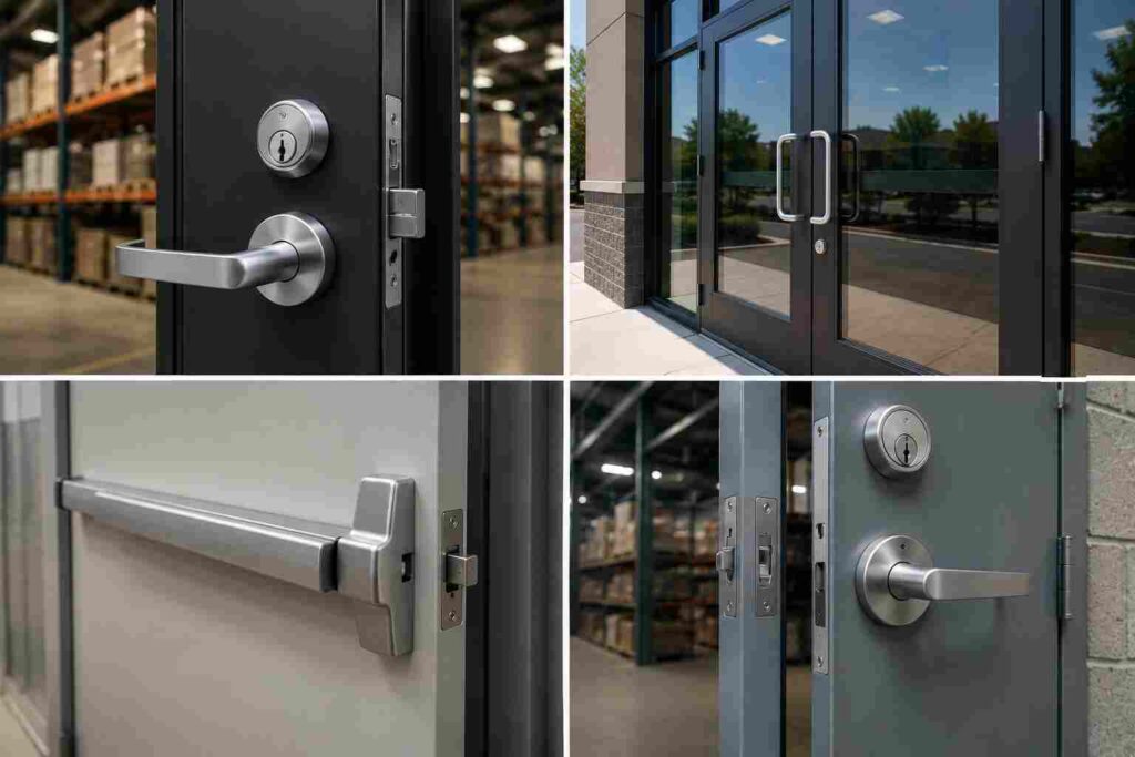 Multiple commercial entry doors with panic bars and heavy-duty lock hardware installed by locksmith for commercial doors services in Urbana IL