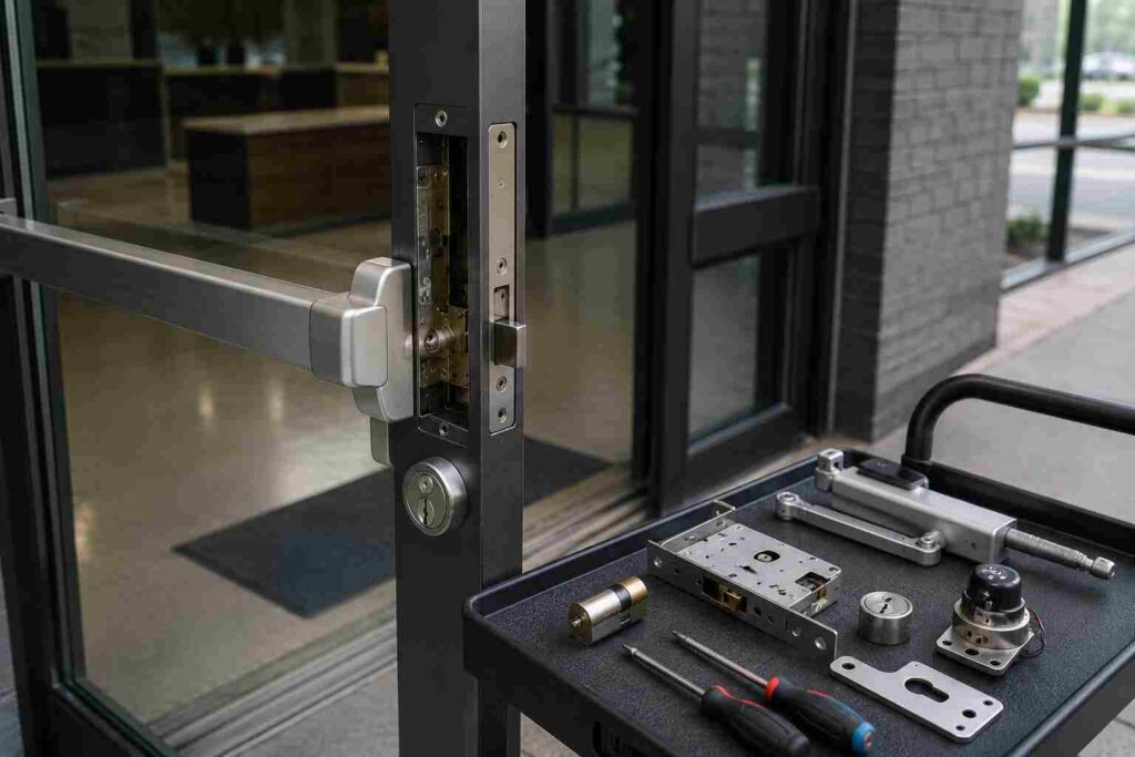 Locksmith for commercial doors repairing panic bar and mortise lock hardware on modern glass entry door in Urbana IL
