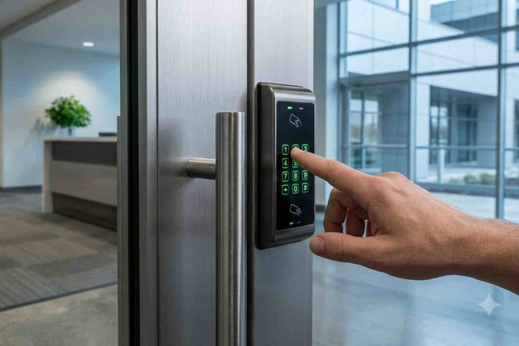 A commercial locksmith installation in Mahomet, Illinois, showcasing a bare hand entering a code into a modern keyless entry system on an office building's glass door.