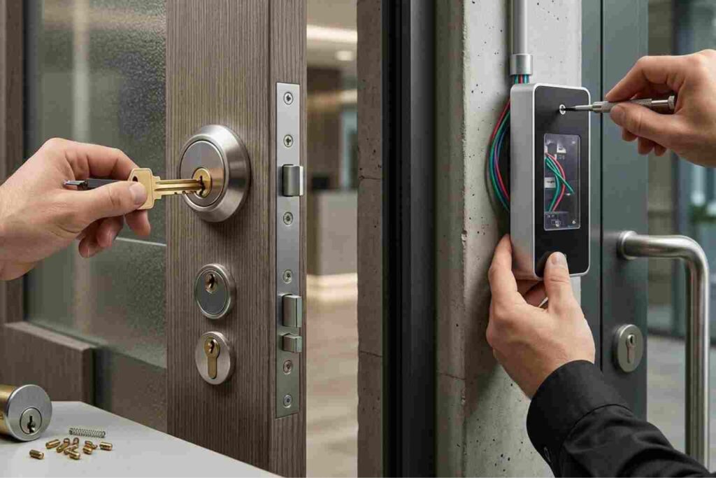 A dual-panel view of commercial security upgrades by a professional locksmith in Rantoul, Illinois, showing a close-up of a master key cylinder being rekeyed alongside the installation of a modern electronic access control system.