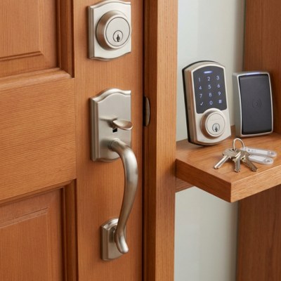 A secure, newly installed commercial deadbolt and modern electronic access control system, representing lock repair and installation provided by emergency lockout services.