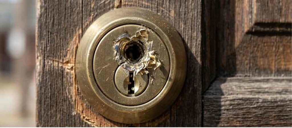 Drilled lock cylinder after Locksmith Destructive Entry in Urbana IL