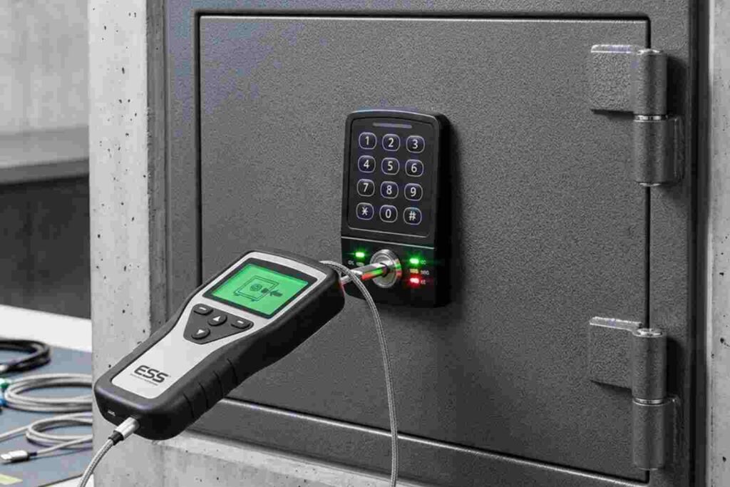A close-up view of an electronic safe opener diagnostic tool connected to the keypad of a gray steel safe in a workshop environment. The safe has its door slightly ajar.