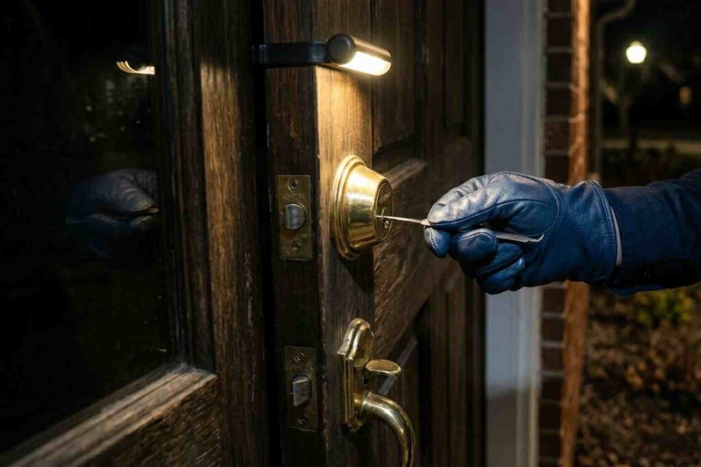 A close-up view of a professional locksmith in Rantoul, IL, using non-destructive entry tools to open a residential front door lock at night.