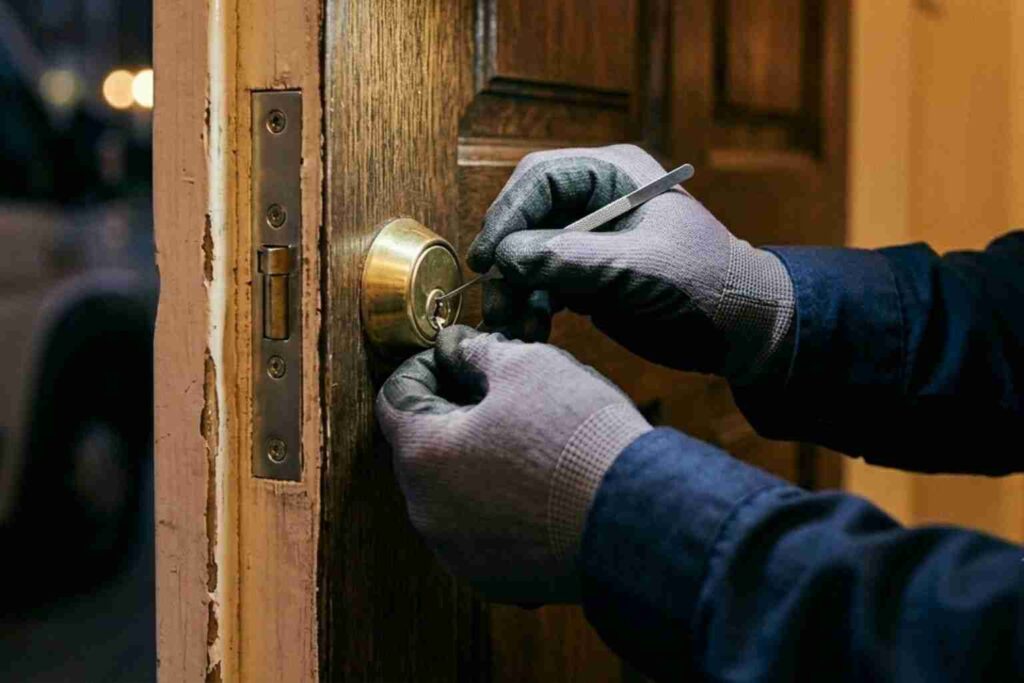 A technician from a local emergency lockout service provider in Mahomet, IL, uses professional tools under a work light at night to resolve a residential lock issue non-destructively.