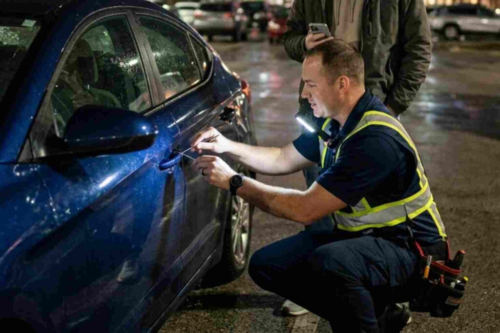 A 24/7 locksmith Champaign Urbana IL performs non-destructive entry on a vehicle in a wet parking lot near the State Farm Center at night.