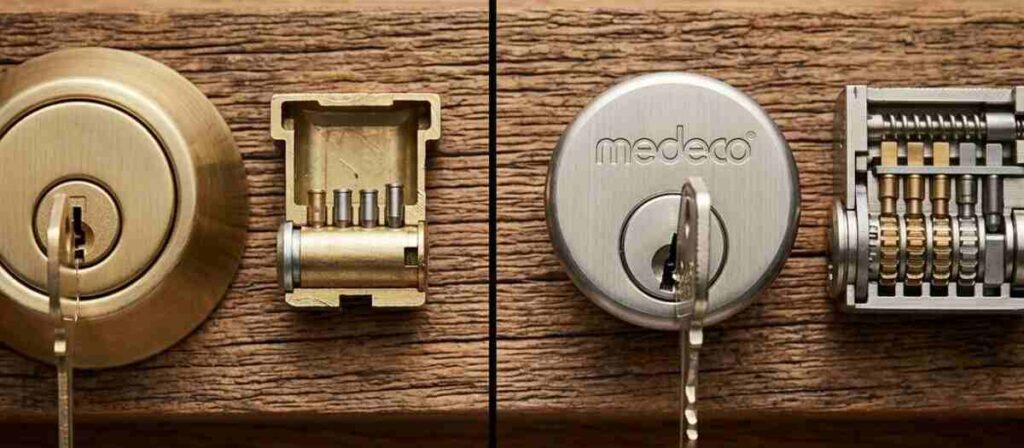 Side by side comparison of a standard deadbolt lock and a high-security Medeco lock for Illinois homeowners