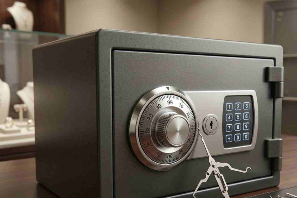 A close-up of a high-security jewelry safe being opened by professional safe openers using specialized manipulation tools in a jewelry store.