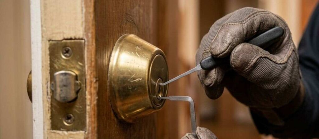 Can a locksmith open any lock? A licensed locksmith uses specialized pick tools to open a residential deadbolt lock in Urbana, Illinois.