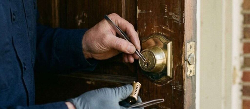 Licensed locksmith rekeying a residential lock cylinder after a break-in attempt in Urbana Illinois