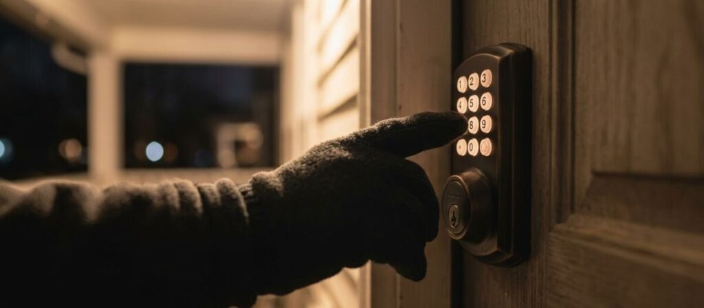 A close-up nighttime photograph of a gloved hand using a backlit electronic keypad lock on a residential door, showing a solution for someone who was locked out of their house at night in Urbana IL and is now utilizing a modern access control system. The depth of field is shallow, and there is no visible face or text, per your requirements.
