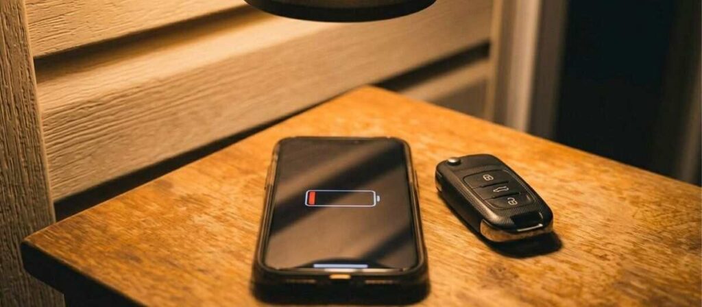 Close-up shot of a smartphone showing a critically low battery warning icon alongside a car key fob sitting on a porch table under a warm outdoor light, capturing the scene of someone locked out of house at night in Urbana IL waiting safely for assistance.