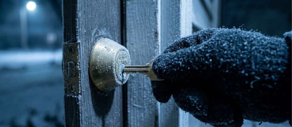 A close-up photograph capturing a frosted brass key, held by a gloved hand, making contact with a frozen, rime-covered deadbolt lock on a residential door in Urbana, IL. The scene is bathed in cold, blue-toned night-time ambient light, emphasizing the extreme cold and immediate distress when locked out of your house at night in Urbana IL during an Illinois winter. The tight focus and icy textures reinforce the urgency of the situation.