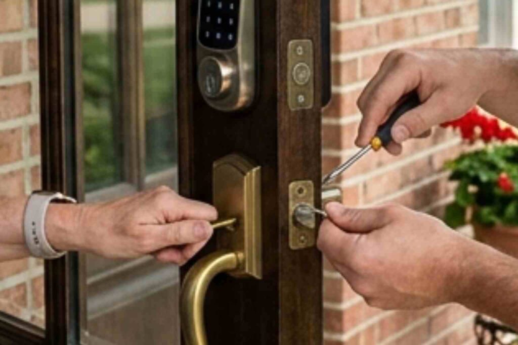 A professional locksmith in Champaign Urbana IL installs a new keypad smart lock on a home's front door.