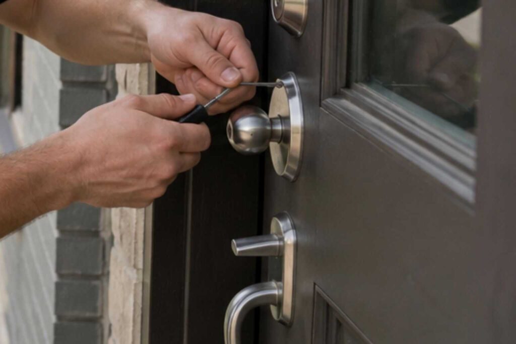 Professional locksmith Champaign IL technician unlocking a residential door with a marked service van nearby during a mobile locksmith service call.