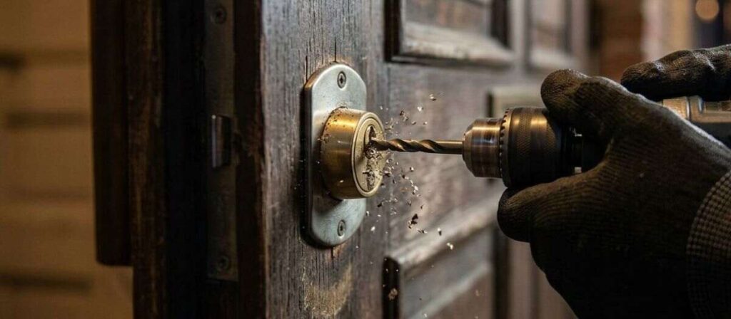 Professional locksmith performing destructive entry by drilling a lock cylinder on a residential door