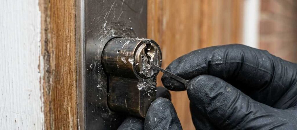 Locksmith examining drill marks and cylinder damage on a door lock to determine forced entry