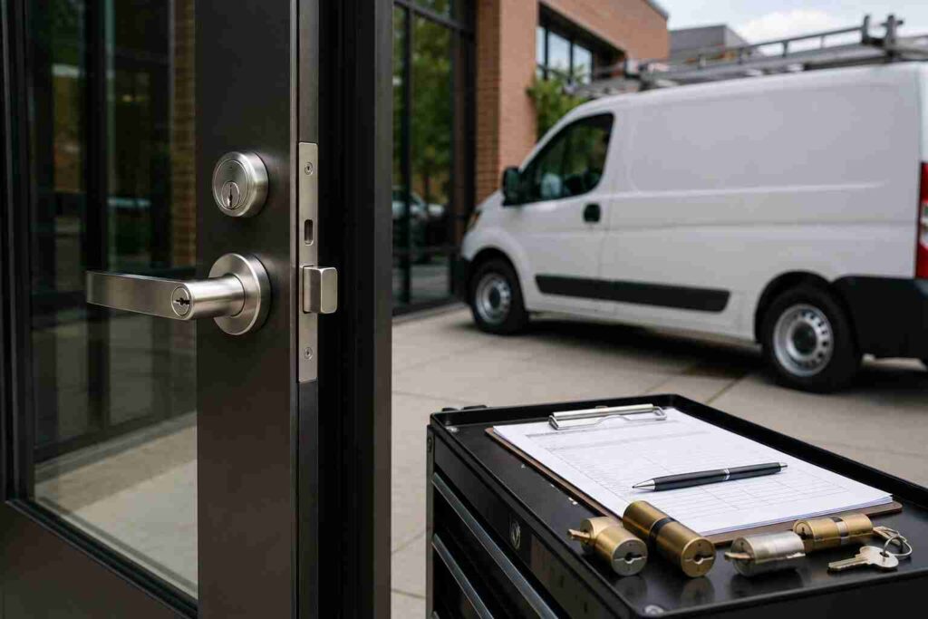 Commercial glass door lock hardware and service vehicle for locksmith for commercial doors services in Urbana IL