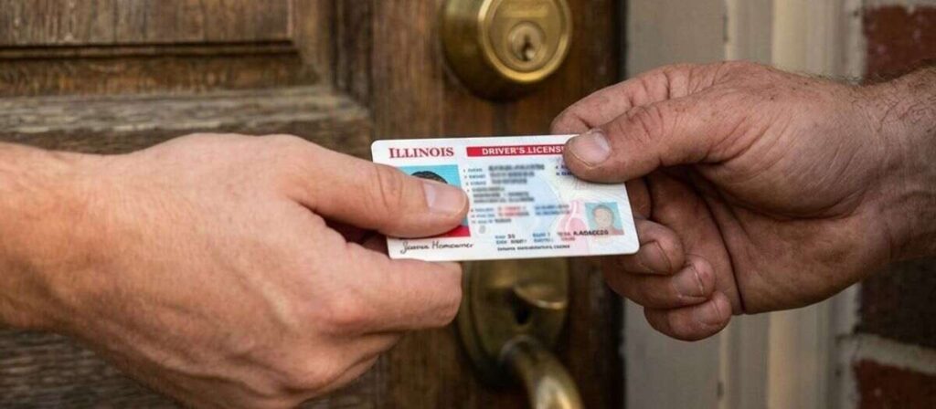 Locksmith verifying homeowner ID before opening a locked residential door in Illinois
