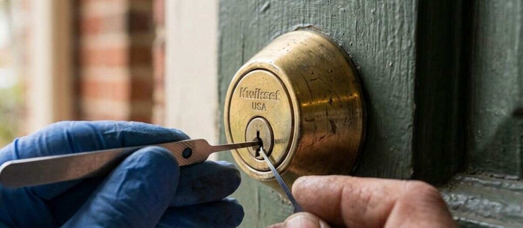 Lockout vs break-in locksmith inspecting a residential deadbolt lock cylinder during a routine call in Urbana Illinois