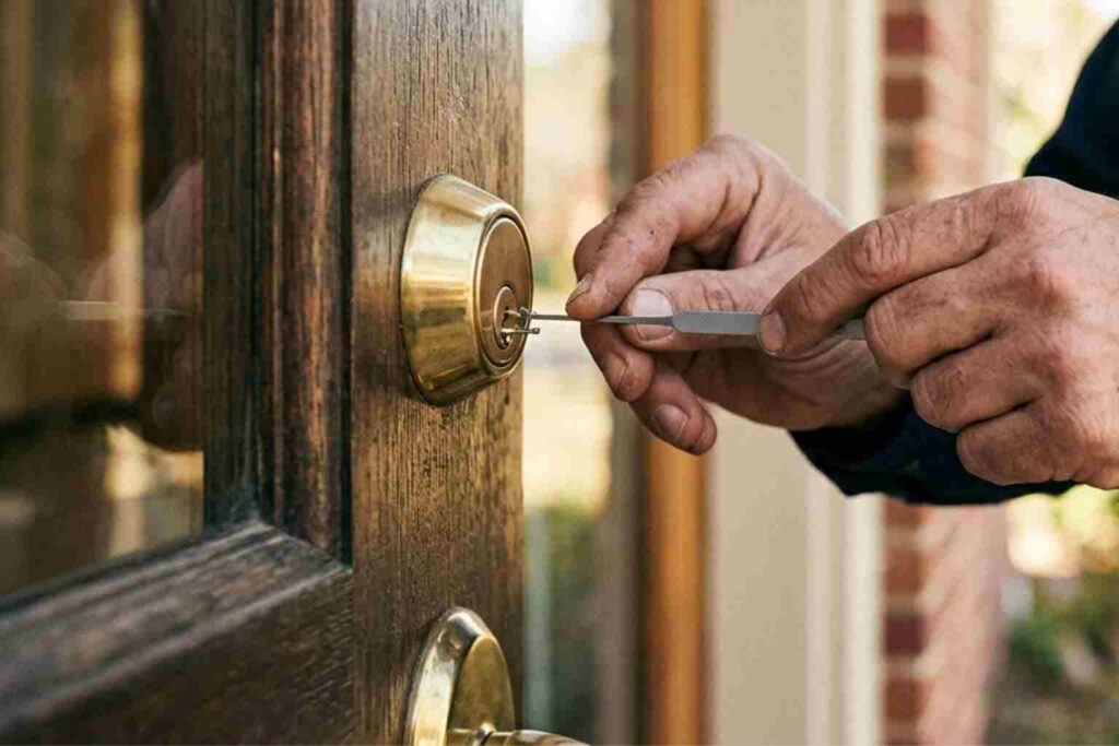 Locksmith Mahomet IL. A tech wearing a professional uniform, uses non-destructive entry tools to carefully unlock a residential brass deadbolt on a wooden door.