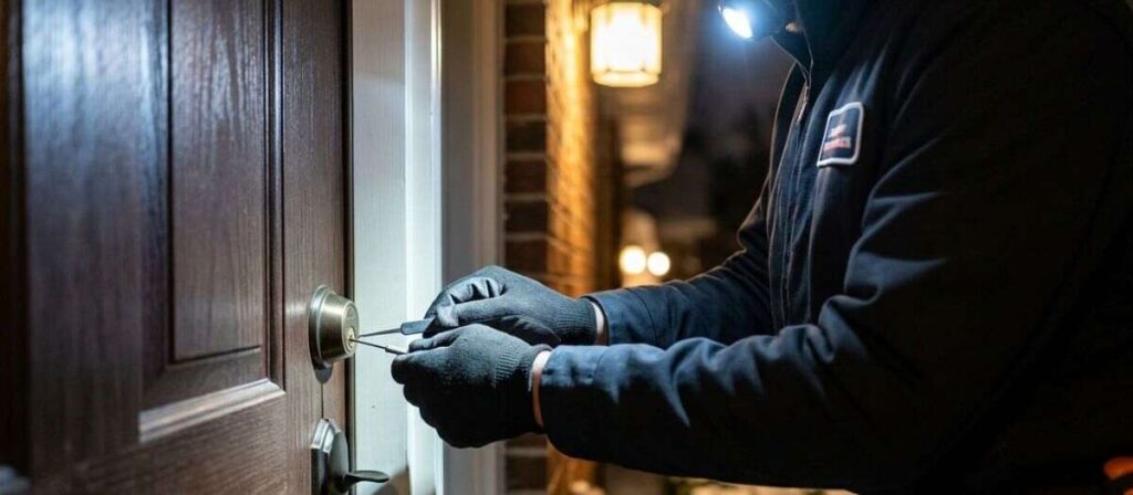 Mobile locksmith technician arriving at a residential property at night in Urbana IL