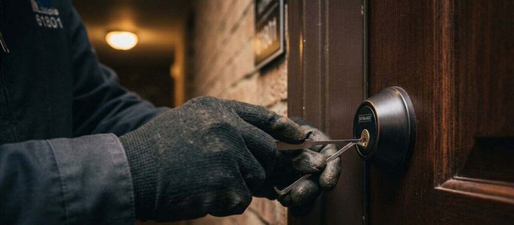 Locksmith using non-destructive entry to open apartment door lock in Urbana Illinois