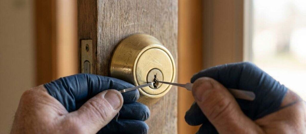Locksmith using non-destructive entry pick tools on deadbolt lock in Urbana Illinois