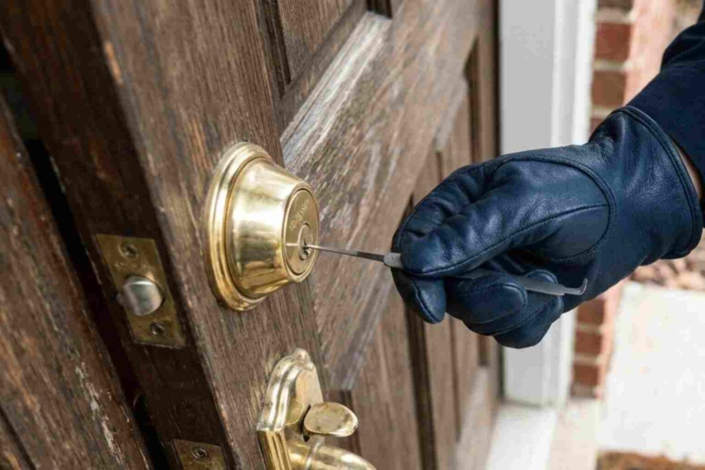 A zoomed-in view of a professional locksmith in Rantoul, IL, working on a residential front door lock while wearing protective blue shoe covers and displaying an official ID badge.