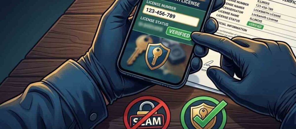 Illustration of checking Illinois IDFPR locksmith license before hiring to avoid scams in Urbana IL