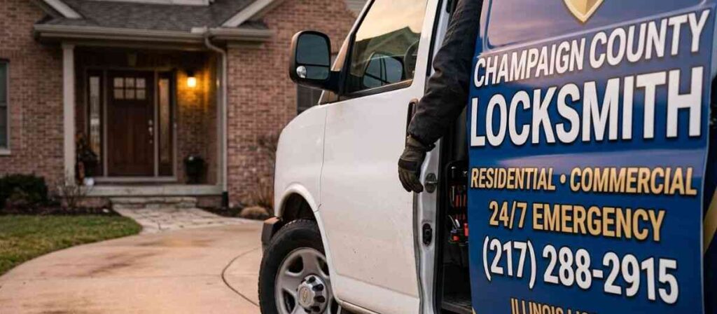 Locksmith technician arriving in marked service vehicle for residential lockout in Champaign County IL
