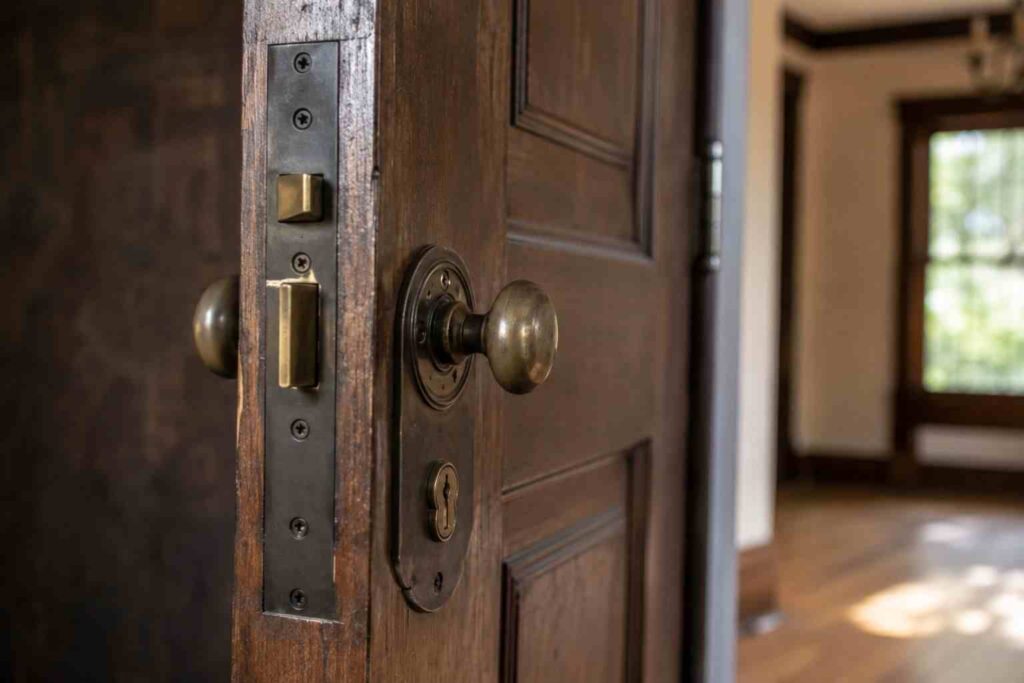 Vintage wooden door with restored mortise lock hardware installed by residential locksmith service in Urbana IL