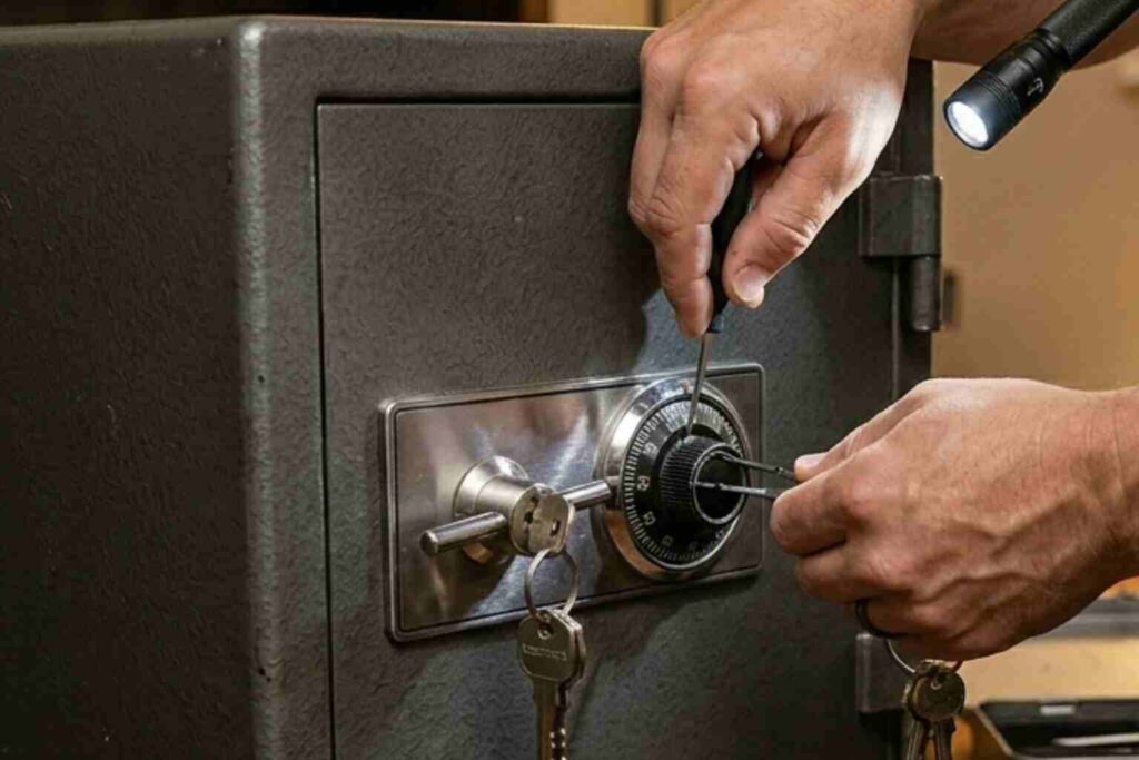 A skilled safe opening technician from our locksmith Champaign IL team uses specialized non-invasive tools to unlock a home office safe with a combination dial.