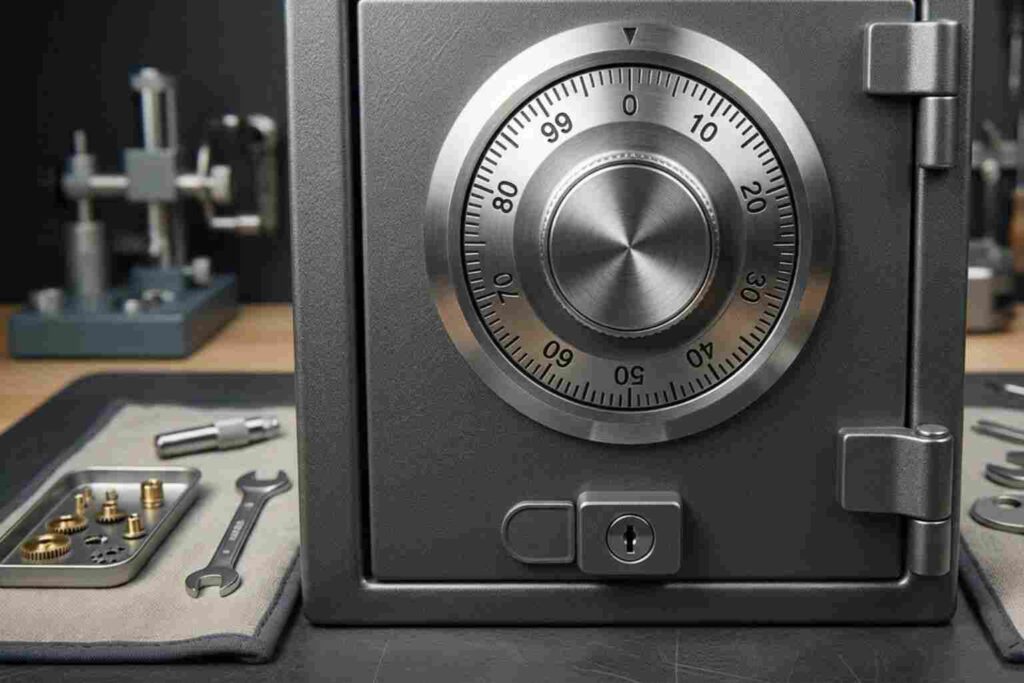 A close-up of a high-security mechanical safe combination dial on a workshop counter, flanked by precision tools used by a professional safe opening service.