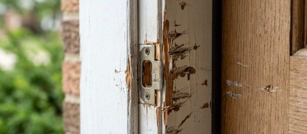 Close-up of pry marks and door frame damage indicating attempted forced entry on a residential door