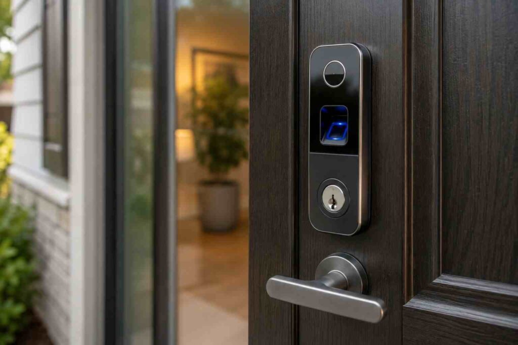 Biometric smart door lock with fingerprint access installed by residential locksmith service in Urbana IL home entrance