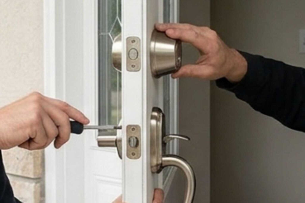 A professional locksmith from a local service in Savoy, IL is shown meticulously installing a new high-security deadbolt lock on the front door of a suburban home, illustrating residential lock installation and rekeying services.